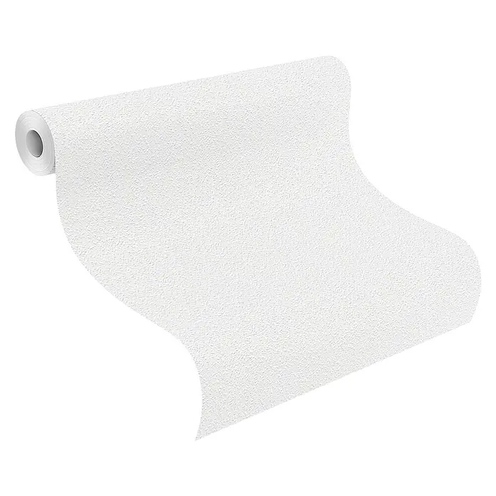 Rasch Wallton Vliestapete Feel Good Vlies-Raufasertapete - Weiß, Uni, 10,05 x 0,53 m - Nahaufnahme einer Rolle strukturierter, weißer Tapete, die sich teilweise abgerollt hat und die Textur des Produkts hervorhebt.