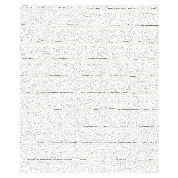 Rasch Wallton Vliestapete Mauersteine I - Weiß, Steinoptik, 10,05 x 0,53 m - Nahaufnahme einer weißen Ziegelwandtapete, die eine realistische und strukturierte Oberfläche für moderne Innenräume bietet.