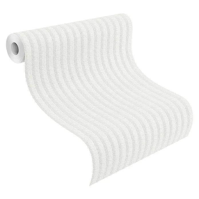 Rasch Wallton Vliestapete Fischgrät - Weiß, Streifen, 25 x 1,06 m - Nahaufnahme einer Rolle stilvoller, weißer Tapete mit einem subtilen Fischgrätenmuster, perfekt für eine moderne Raumgestaltung.