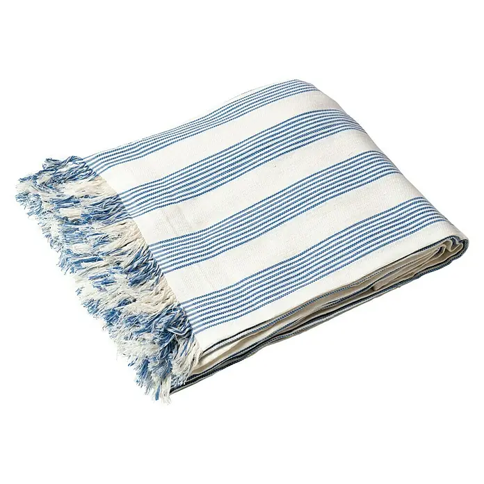 Manta para sofá Multiusos - Rayas Azul - Manta de algodón a rayas blancas y azules con flecos, ideal para momentos acogedores. Perfecta como plaid o elemento decorativo.