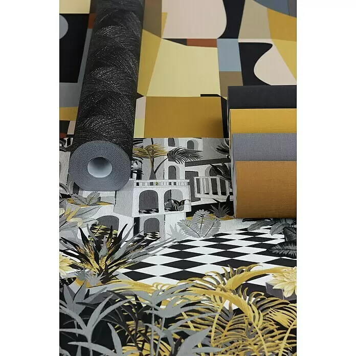 Rasch Tropical House Vliestapete - Schwarz, Uni, 10,05 x 0,53 m - Verschiedene Tapetenrollen und Muster: ein schwarz-goldenes abstraktes Muster, ein botanisch-architektonisches Motiv und einfarbige Rollen in Schwarz, Gelb, Grau und Senf.