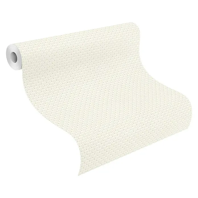Rasch Tapetenwechsel 2 Vliestapete - Weiß, Grafisch, 10,05 x 0,53 m - Nahaufnahme einer Rolle cremefarbener geometrischer Tapete.