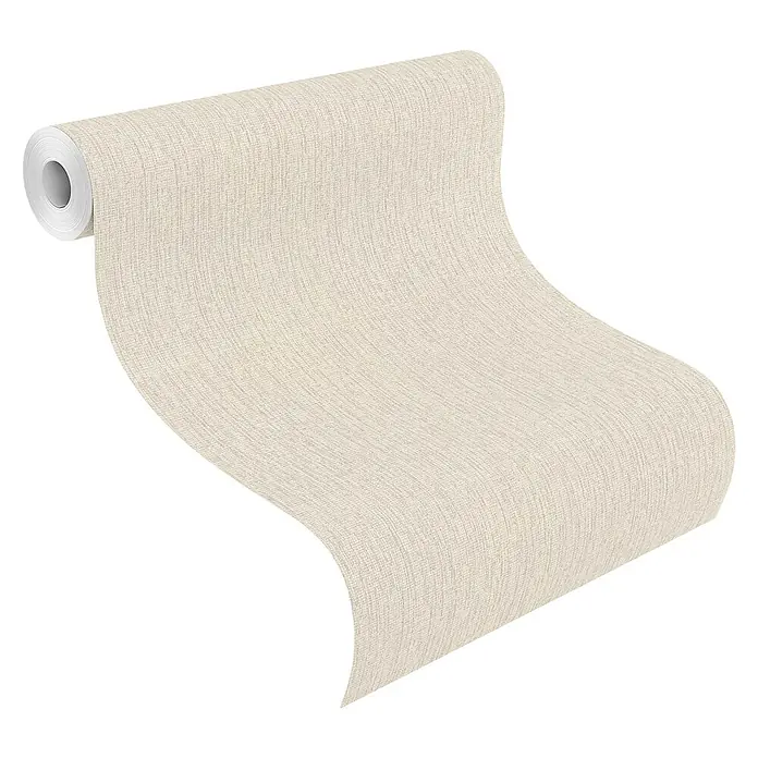 Rasch Florentine III Vliestapete Textile Stoffoptik - Greige, Uni, 10,05 x 0,53 m - Nahaufnahme einer Rolle texturierter, cremefarbener Tapete.