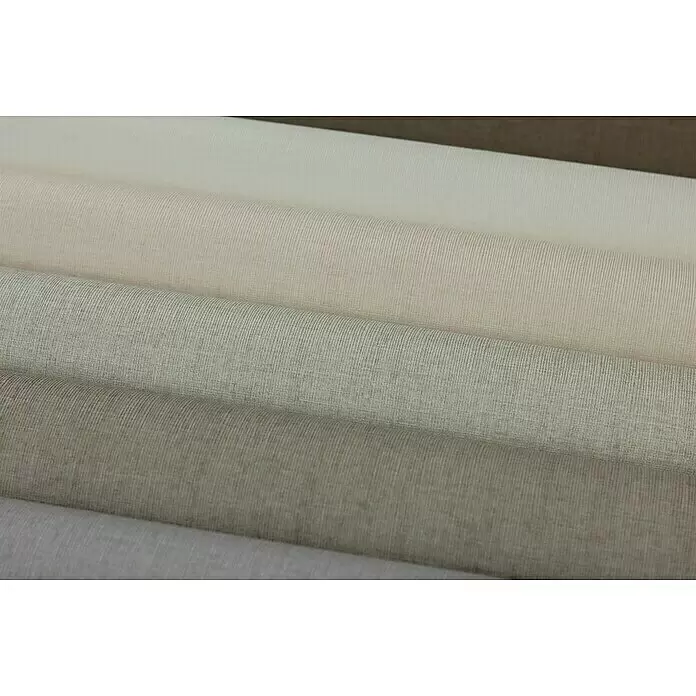 Rasch Florentine III Vliestapete - Leinen dunkel, Uni, 10,05 x 0,53 m - Mehrere Rollen strukturierter Stoffe in verschiedenen Natur- und Neutraltönen, wie Beige und Grau.