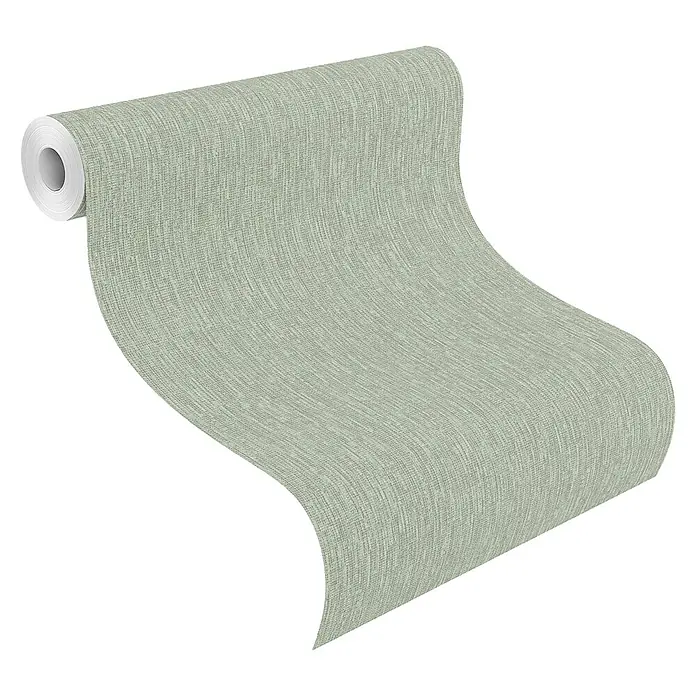 Rasch Florentine III Vliestapete Textile Stoffoptik - Salbei, Uni, 10,05 x 0,53 m - Eine Rolle mit einem hellgrünen strukturierten Tapetenmuster, das eine Textiloberfläche imitiert. Die Tapete ist aufgerollt und zeigt die Musterdetails.