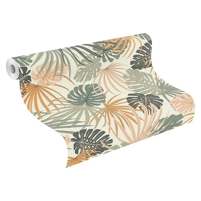 Rasch Salsa Vliestapete Blätter - Weiß-Grün, Floral, 10,05 x 0,53 m - Nahaufnahme einer Rolle tropischer Blättertapete mit einem modernen und stilvollen Design für eine einladende Raumatmosphäre.