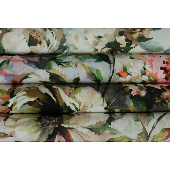 Rasch Florentine III Vliestapete Blumen - Weiß, Floral, 10,05 x 0,53 m - Nahaufnahme von übereinander gestapelten Stoffrollen mit großflächigem Blumenmuster in verschiedenen Farbtönen.