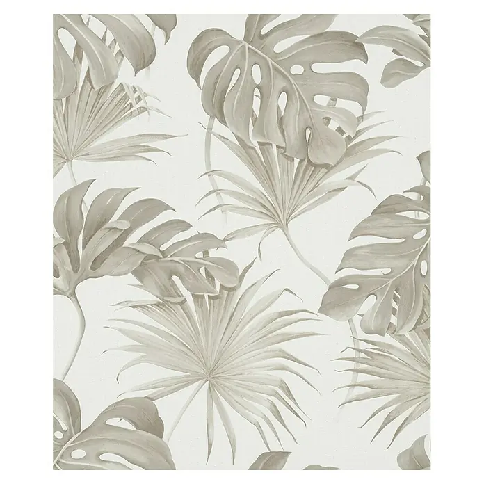SCHÖNER WOHNEN-Kollektion New Spirit Vliestapete Fensterblatt - Beige/Weiß, Floral, 10,05 x 0,53 m - Elegante Tapete mit einem Muster aus Monstera-Blättern und tropischen Palmen in sanften Grautönen, die jedem Raum einen Hauch von Exotik verleiht.