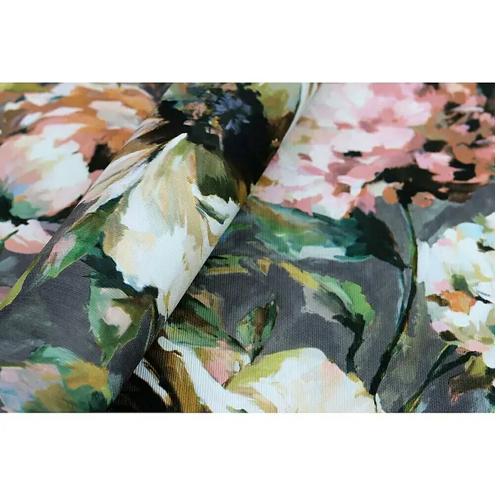 Rasch Florentine III Vliestapete Blumen - Mauve, Floral, 10,05 x 0,53 m - Nahaufnahme eines Stoffes mit einem floralen Muster in Weiß, Rosa, Grün und Grau, ideal für Kleidung oder Heimtextilien.