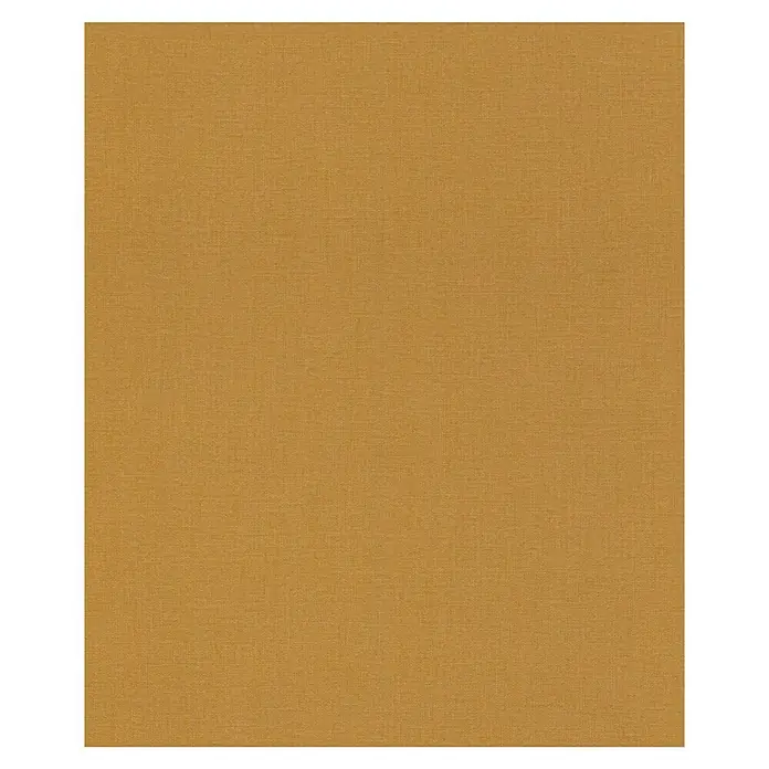 Rasch Florentine III Vliestapete - Cognac, Uni, 10,05 x 0,53 m - Eine Nahaufnahme eines ockerfarbenen Stoffes mit einer feinen, erkennbaren Webstruktur, ideal für Textilprojekte und Designanwendungen.