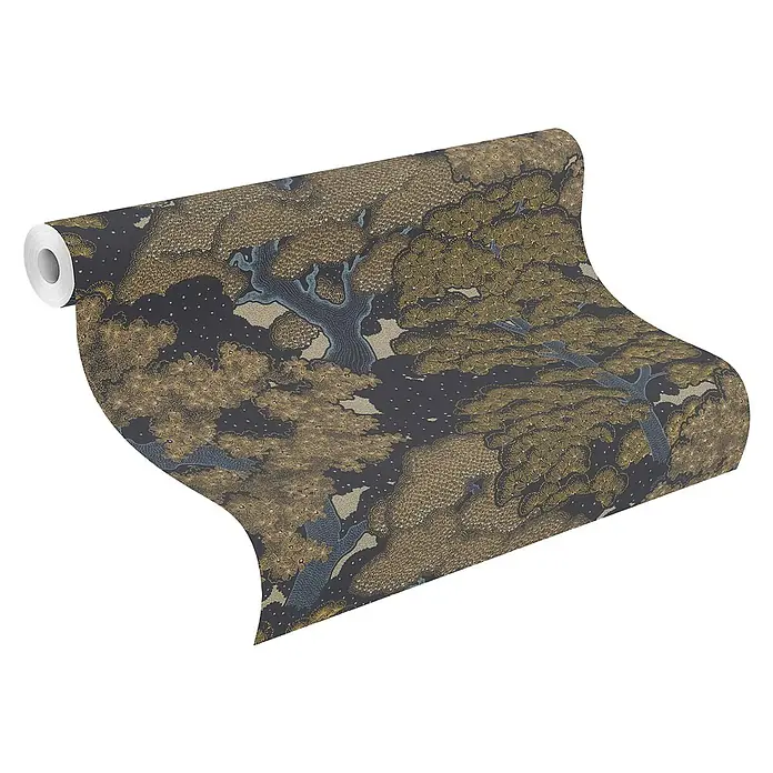 Rasch Salsa Vliestapete Bäume - Mattgold, Floral, 10,05 x 0,53 m - Eine Rolle graue und goldene Tapete mit einem detaillierten japanisch inspirierten Baummuster, perfekt für ein stilvolles Zuhause.