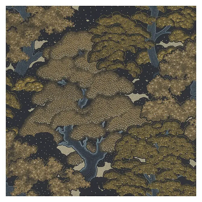 Rasch Salsa Vliestapete Bäume - Mattgold, Floral, 10,05 x 0,53 m - Elegantes Tapetenmuster mit Bäumen in Gold- und Brauntönen auf dunklem Hintergrund. Exquisites Design für stilvolle Innenräume.