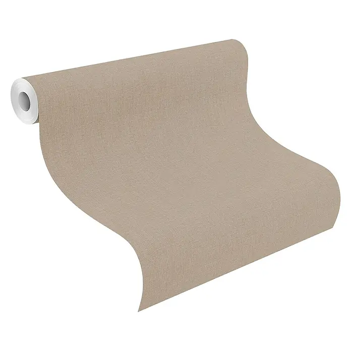 Rasch Florentine III Vliestapete - Leinen dunkel, Uni, 10,05 x 0,53 m - Nahaufnahme einer Rolle Textiltapete in Leinenoptik in Beige, die eine natürliche und elegante Wandgestaltung ermöglicht.