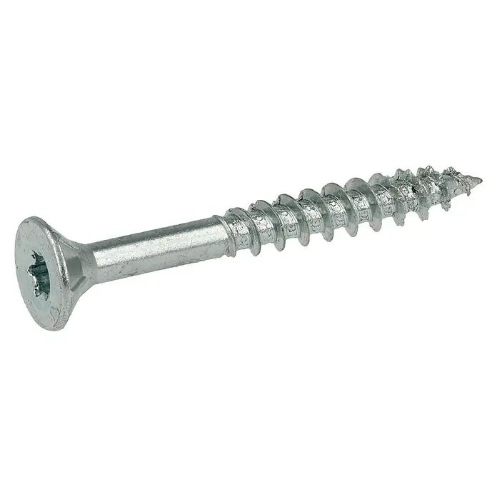 Profi Depot Spanplattenschraube VZ - Ø x L: 4 x 35 mm, 200 Stk., Verzinkt - Nahaufnahme einer silberfarbenen Senkkopfschraube mit Torx-Antrieb vor schwarzem Hintergrund, ideal für Holzverbindungen.