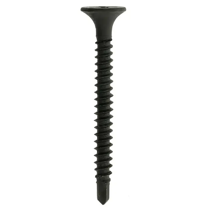 Profi Depot Schnellbauschraube - Durchmesser: 3,5 mm, Länge: 35 mm, Senkkopf, Mit Bohrspitze, 200 Stk. - Nahaufnahme einer einzelnen, schwarzen Trockenbauschraube mit scharfem Gewinde und Flachkopf, ideal für Bau- und Renovierungsprojekte.