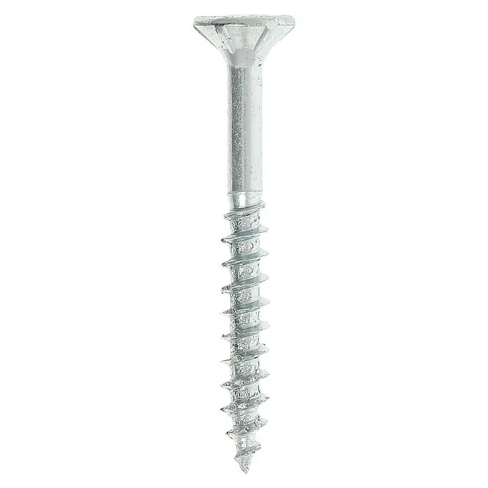 Profi Depot Spanplattenschraube VZ - Ø x L: 4 x 35 mm, 1.000 Stk., Verzinkt - Nahaufnahme einer einzelnen silbernen Holzschraube mit Senkkopf und scharfen Gewindegängen auf schwarzem Hintergrund.