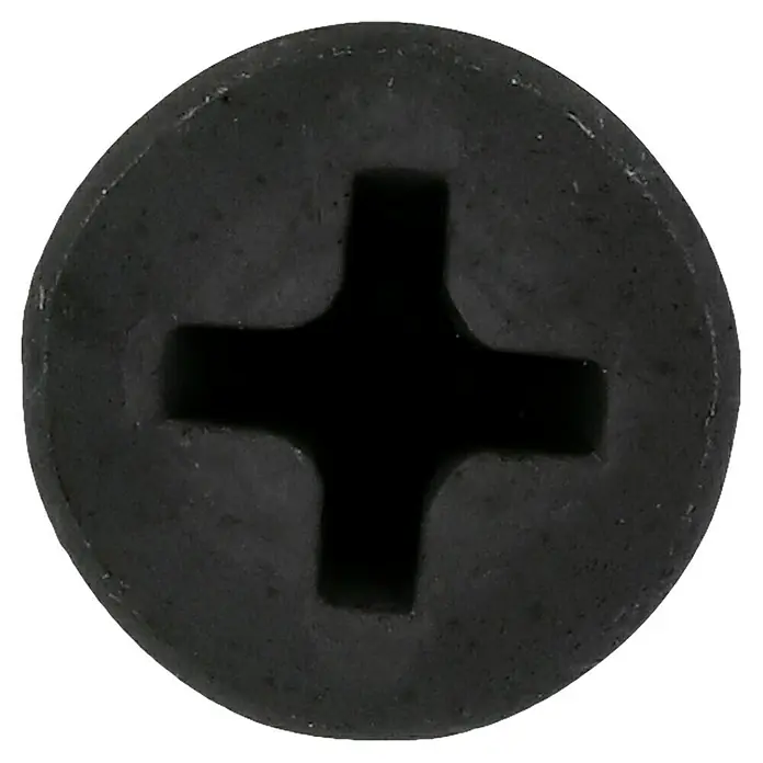 Profi Depot Schnellbauschraube - Durchmesser: 3,9 mm, Länge: 35 mm, Senkkopf, Grobgewinde, 200 Stk. - Nahaufnahme eines schwarzen Kreuzschlitzschraubenkopfes mit klar erkennbarem Schraubenzieherprofil vor schwarzem Hintergrund.