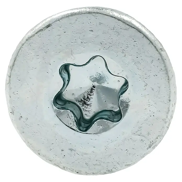 Profi Depot Spanplattenschraube VZ - Ø x L: 4 x 35 mm, 200 Stk., Verzinkt - Nahaufnahme eines silbernen Torx-Schraubenkopfes mit sternförmigem Antrieb.