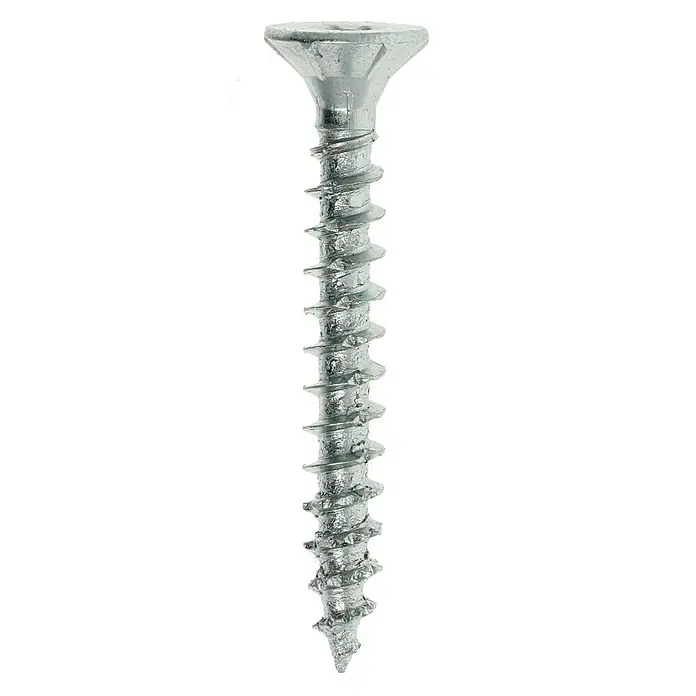 Profi Depot Spanplattenschraube VZ - Ø x L: 4 x 30 mm, 200 Stk., Verzinkt - Nahaufnahme einer silbernen Holzschraube mit scharfem Gewinde und Kreuzschlitzkopf, ideal für Holzverbindungen und Heimwerkerprojekte.