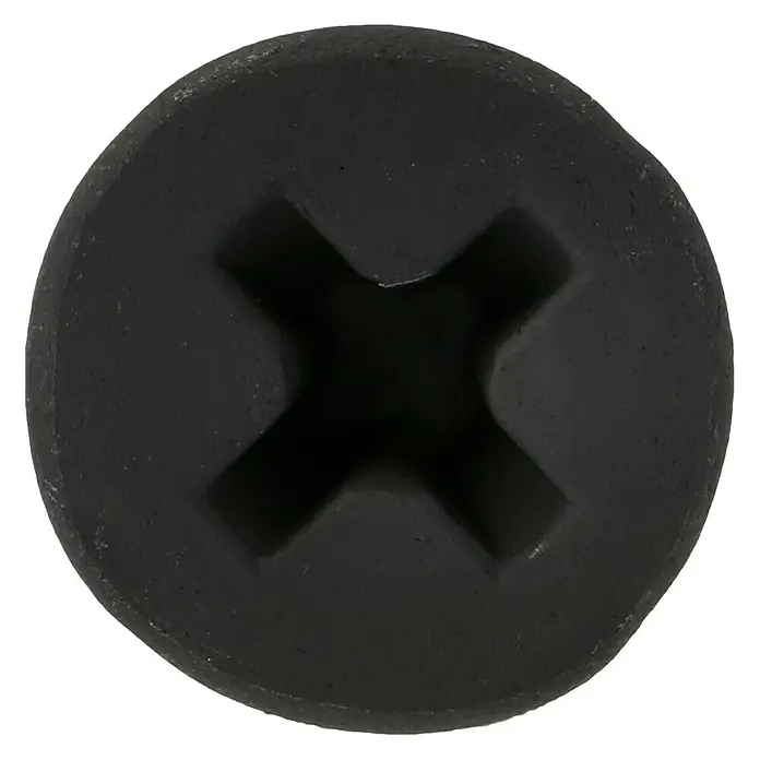 Profi Depot Schnellbauschraube - Durchmesser: 3,9 mm, Länge: 25 mm, Senkkopf, Feingewinde, 200 Stk. - Nahaufnahme eines schwarzen Kreuzschlitzschraubenkopfes, der die Details der Aussparung und die Textur der Oberfläche hervorhebt.