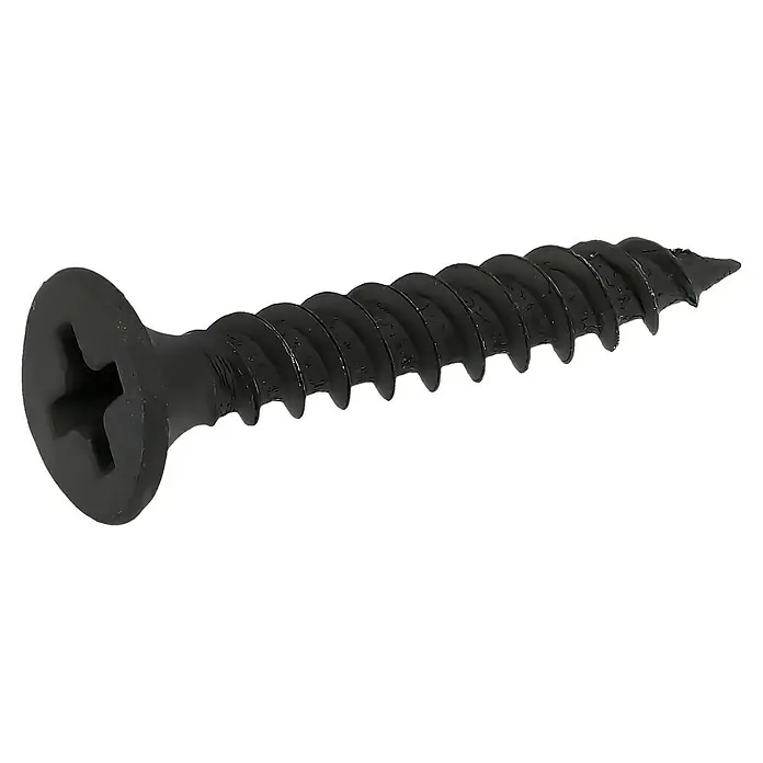 Profi Depot Schnellbauschraube - Durchmesser: 3,9 mm, Länge: 25 mm, Senkkopf, Feingewinde, 200 Stk. - Nahaufnahme einer schwarzen Trockenbauschraube mit Kreuzschlitzkopf und scharfem Gewinde auf schwarzem Hintergrund.