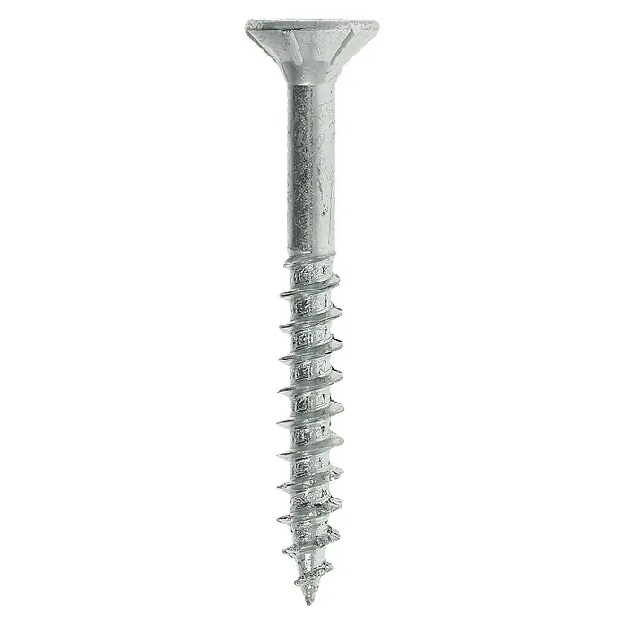 Profi Depot Spanplattenschraube VZ - Ø x L: 4 x 35 mm, 200 Stk., Verzinkt - Nahaufnahme einer einzelnen silbernen Holzschraube mit scharfen Gewindegängen vor einem schwarzen Hintergrund.