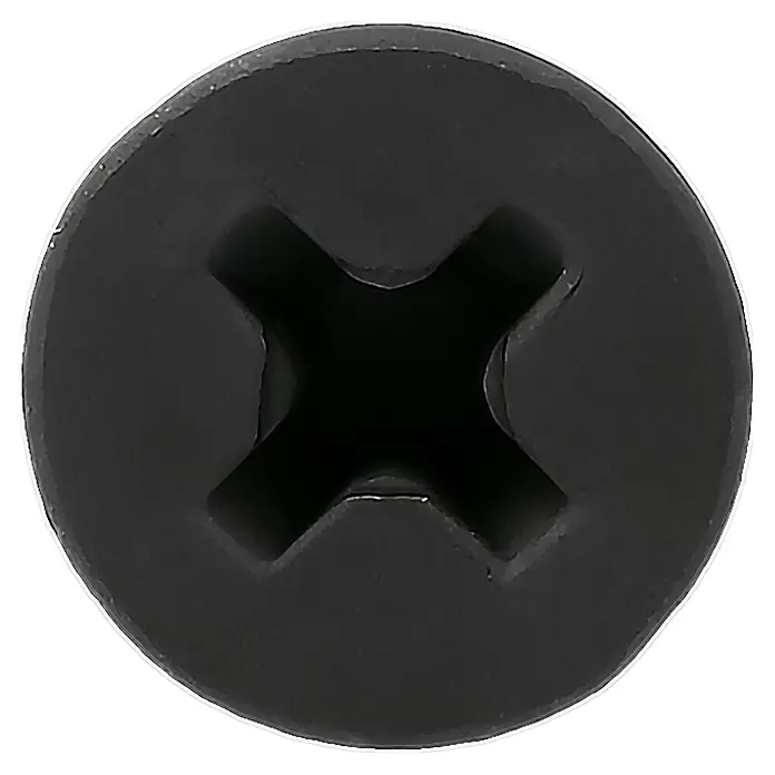 Profi Depot Schnellbauschraube - Durchmesser: 3,5 mm, Länge: 35 mm, Senkkopf, Mit Bohrspitze, 200 Stk. - Nahaufnahme eines schwarzen Kreuzschlitzschraubenkopfs. Ideal für Heimwerker- und Bauprojekte, robust und zuverlässig.