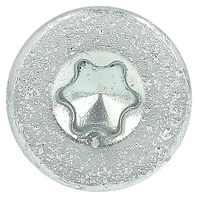 Profi Depot Spanplattenschraube VZ - Ø x L: 4 x 35 mm, 1.000 Stk., Verzinkt - Nahaufnahme eines Torx-Schraubenkopfes. Das Bild zeigt das detaillierte Design und die Beschaffenheit des silberfarbenen Schraubenkopfes.