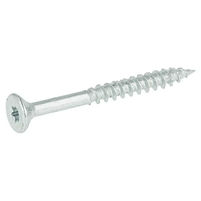 Profi Depot Spanplattenschraube VZ - Ø x L: 4 x 40 mm, 200 Stk., Verzinkt - Silberne Holzschraube mit Senkkopf und Torx-Antrieb vor schwarzem Hintergrund. Ideal für Holzverbindungen im Innen- und Außenbereich.