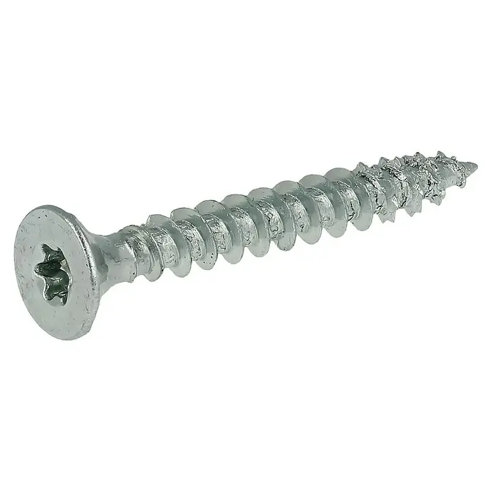 Profi Depot Spanplattenschraube VZ - Ø x L: 4 x 30 mm, 200 Stk., Verzinkt - Detailaufnahme einer Torx-Holzschraube mit scharfem Gewinde auf schwarzem Hintergrund. Ideal für Holzverbindungen und Heimwerkerprojekte.