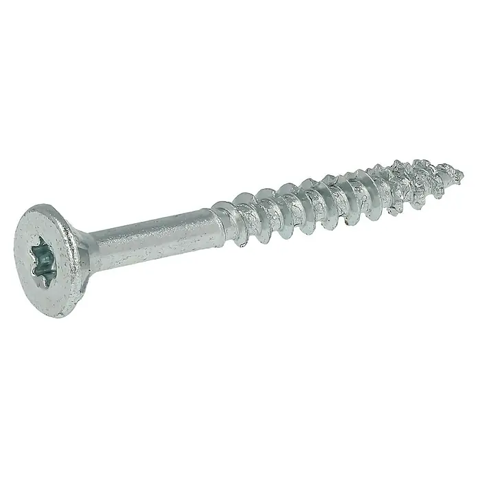 Profi Depot Spanplattenschraube VZ - Ø x L: 4 x 35 mm, 1.000 Stk., Verzinkt - Detailaufnahme einer silberfarbenen Torx-Holzschraube mit scharfen Gewindegängen auf schwarzem Hintergrund. Das Produkt ist ideal für Holzverbindungen.