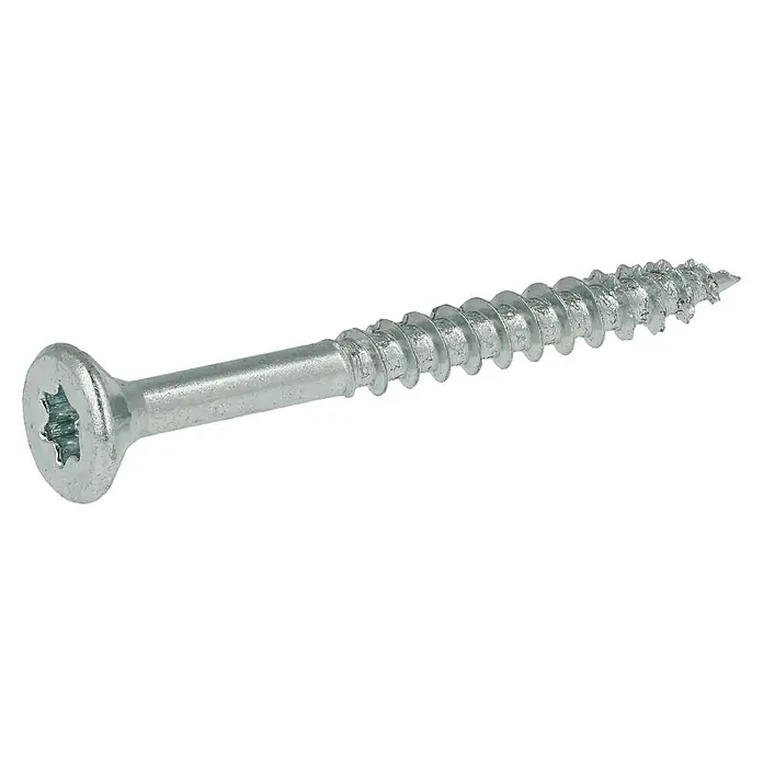 Profi Depot Spanplattenschraube VZ - Ø x L: 4,5 x 45 mm, 200 Stk., Verzinkt - Nahaufnahme einer silberfarbenen Holzschraube mit Torx-Antrieb und scharfem Gewinde vor schwarzem Hintergrund.