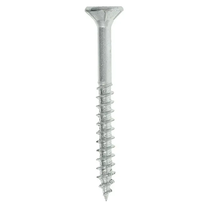 Profi Depot Spanplattenschraube VZ - Ø x L: 4,5 x 45 mm, 200 Stk., Verzinkt - Nahaufnahme einer einzelnen Senkkopfschraube aus Metall mit Schraubgewinde auf schwarzem Hintergrund.