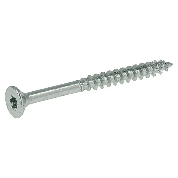 Profi Depot Spanplattenschraube VZ - Ø x L: 4 x 45 mm, 200 Stk., Verzinkt - Nahaufnahme einer einzelnen, silberfarbenen Holzschraube mit Torx-Antrieb auf schwarzem Hintergrund. Ideal für Holzverbindungen.