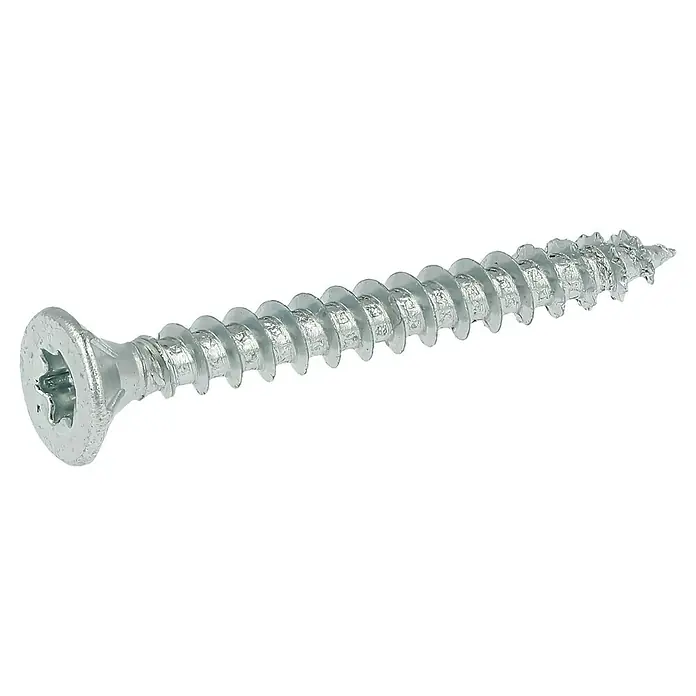 Profi Depot Spanplattenschraube VZ - Ø x L: 4,5 x 40 mm, 500 Stk., Verzinkt - Nahaufnahme einer einzelnen silbernen Holzschraube mit Flachkopf und Torx-Antrieb vor schwarzem Hintergrund.