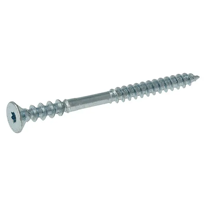 Profi Depot Justierschraube VZ - Durchmesser: 6 mm, Länge: 80 mm, TX für TORX-Antriebe, 100 Stk. - Nahaufnahme einer einzelnen Schraube mit Torx-Antrieb. Das Gewinde erstreckt sich fast über die gesamte Länge des Schraubenkörpers.