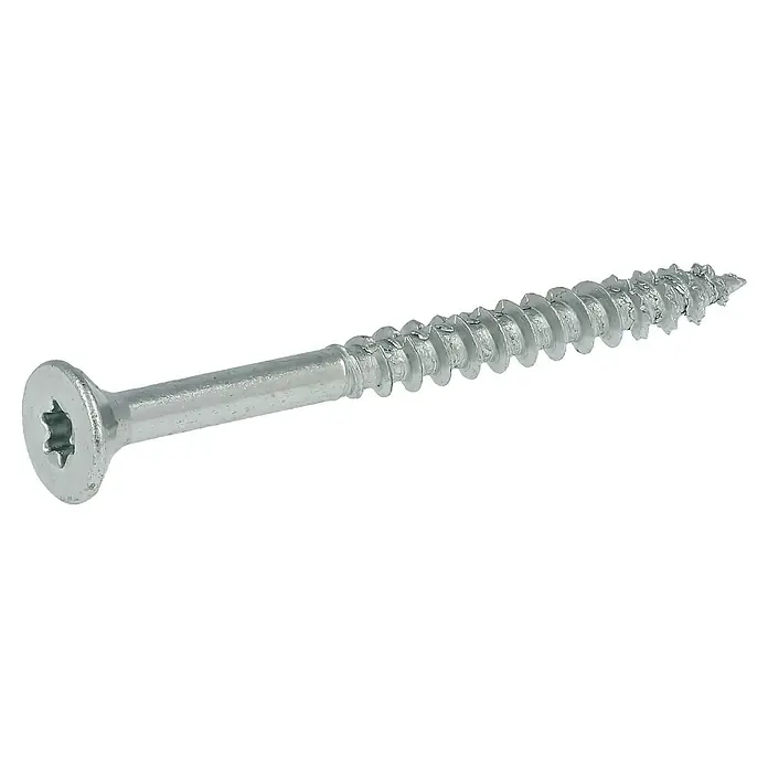 Profi Depot Spanplattenschraube VZ - Ø x L: 4 x 45 mm, 500 Stk., Verzinkt - Detailaufnahme einer einzelnen, silberfarbenen Holzschraube mit Torx-Antrieb und scharfem Gewinde auf schwarzem Hintergrund.