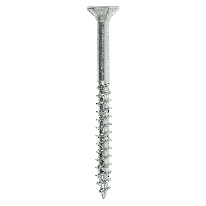 Profi Depot Spanplattenschraube VZ - Ø x L: 4 x 45 mm, 200 Stk., Verzinkt - Nahaufnahme einer einzelnen, silberfarbenen Holzschraube, die sich ideal für verschiedene Heimwerkerprojekte eignet.