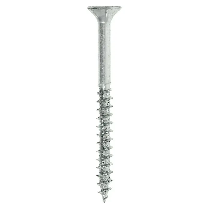 Profi Depot Spanplattenschraube VZ - Ø x L: 4 x 45 mm, 500 Stk., Verzinkt - Nahaufnahme einer einzelnen silberfarbenen Holzschraube vor einem schwarzen Hintergrund, die ihre scharfen Gewinde und den Senkkopf zeigt.