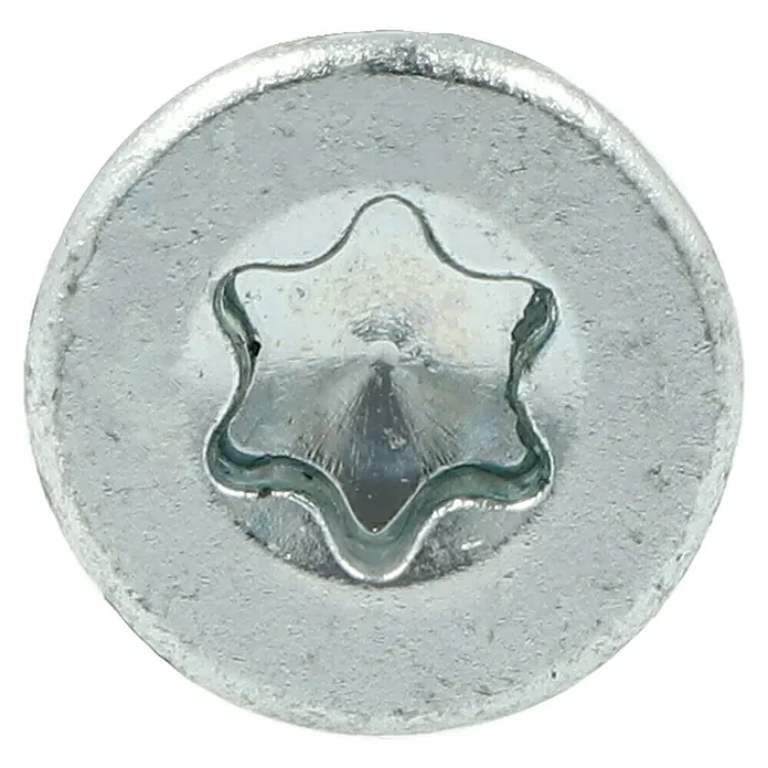 Profi Depot Spanplattenschraube VZ - Ø x L: 4,5 x 40 mm, 500 Stk., Verzinkt - Nahaufnahme eines Torx-Schraubenkopfes, der ein sechszackiges Sternmuster aufweist und für präzise Befestigungen geeignet ist.