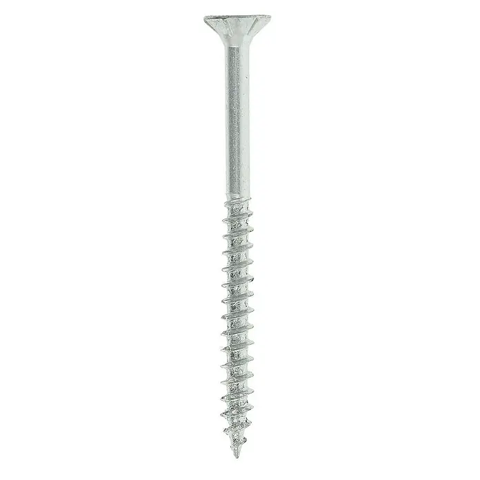 Profi Depot Spanplattenschraube VZ - Ø x L: 4 x 50 mm, 500 Stk., Verzinkt - Nahaufnahme einer einzelnen, silberfarbenen Holzschraube mit flachem Kopf und scharfer Spitze vor schwarzem Hintergrund.