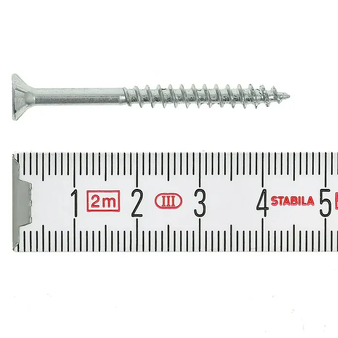 Profi Depot Spanplattenschraube VZ - Ø x L: 4 x 45 mm, 200 Stk., Verzinkt - Schraube mit Senkkopf neben einem Messband, das eine Länge von etwa 4,8 cm anzeigt.