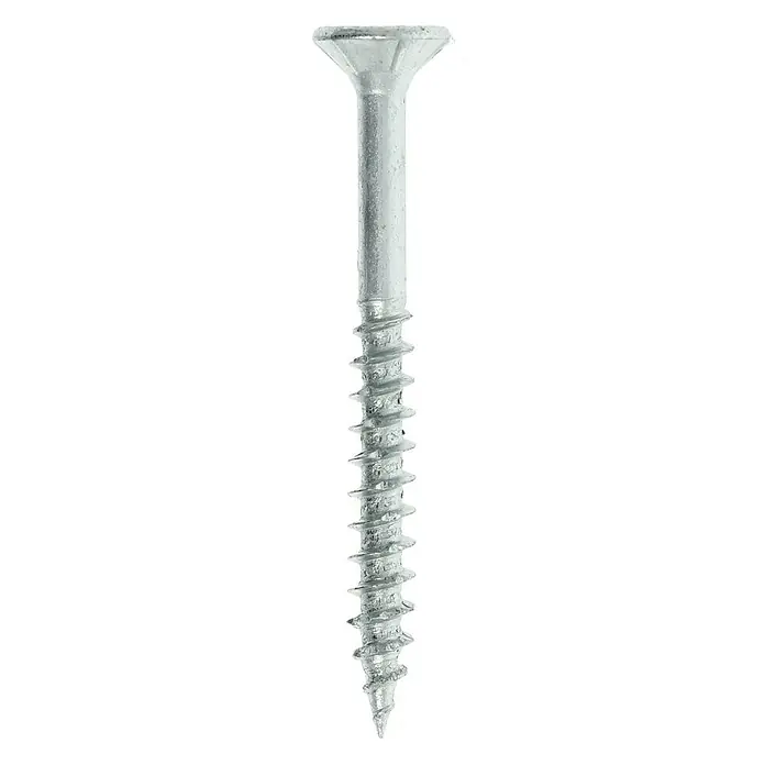 Profi Depot Spanplattenschraube VZ - Ø x L: 4 x 40 mm, 200 Stk., Verzinkt - Nahaufnahme einer einzelnen, silberfarbenen Holzschraube mit deutlichem Gewinde und flachem Kopf auf schwarzem Hintergrund.