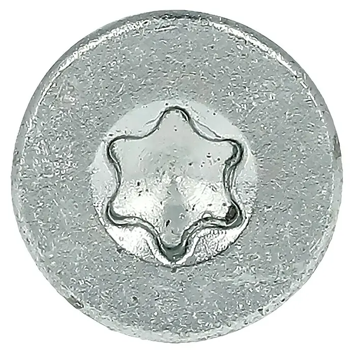 Profi Depot Spanplattenschraube VZ - Ø x L: 4 x 45 mm, 500 Stk., Verzinkt - Nahaufnahme eines glänzenden Torx-Schraubenkopfes, der ein komplexes sternförmiges Muster aufweist und in Silber gehalten ist.