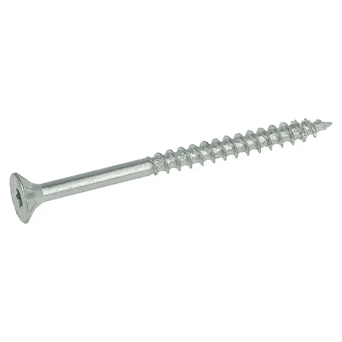 Profi Depot Spanplattenschraube VZ - Ø x L: 4 x 50 mm, 500 Stk., Verzinkt - Nahaufnahme einer verzinkten Holzschraube mit flachem Kopf und Gewinde, ideal für Bau- und Holzbearbeitungsprojekte.