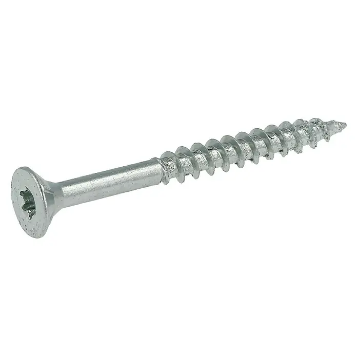 Profi Depot Spanplattenschraube VZ - Ø x L: 4 x 40 mm, 1.000 Stk., Verzinkt - Eine silberne Holzschraube mit Torx-Antrieb und scharfen Gewinde Windungen auf schwarzem Hintergrund.