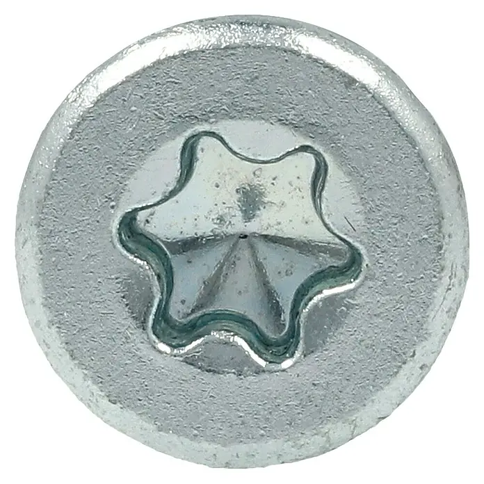 Profi Depot Spanplattenschraube VZ - Ø x L: 4,5 x 45 mm, 200 Stk., Verzinkt - Nahaufnahme eines silbernen Senkkopfschraube mit Torx-Antrieb. Das Schraubenprofil ist deutlich erkennbar.