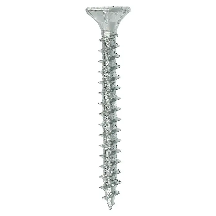 Profi Depot Spanplattenschraube VZ - Ø x L: 4,5 x 40 mm, 500 Stk., Verzinkt - Nahaufnahme einer glänzenden, silberfarbenen Schraube mit scharfen Gewinden vor einem schwarzen Hintergrund.