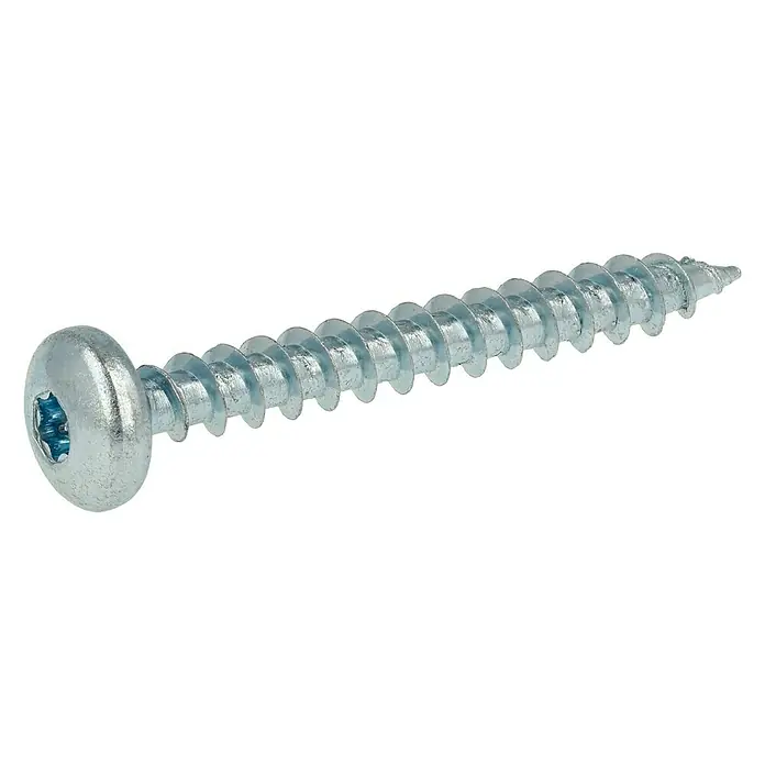 Profi Depot Spanplattenschraube VZ - 6 x 50 mm, 100 Stk., Verzinkt, TX für TORX-Antriebe - Bild einer verzinkten Linsenkopfschraube mit Innensechsrund Antrieb, ideal für Holzverbindungen und Heimwerkerprojekte.
