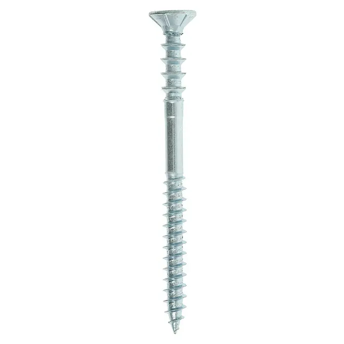 Profi Depot Justierschraube VZ - Durchmesser: 6 mm, Länge: 80 mm, TX für TORX-Antriebe, 100 Stk. - Nahaufnahme einer einzelnen, silberfarbenen Spanplattenschraube mit Senkkopf und Gewinde, ideal für Holzverbindungen.